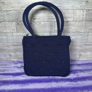 Beautiful dark blue handbag with stitched dragonfly bead patterns